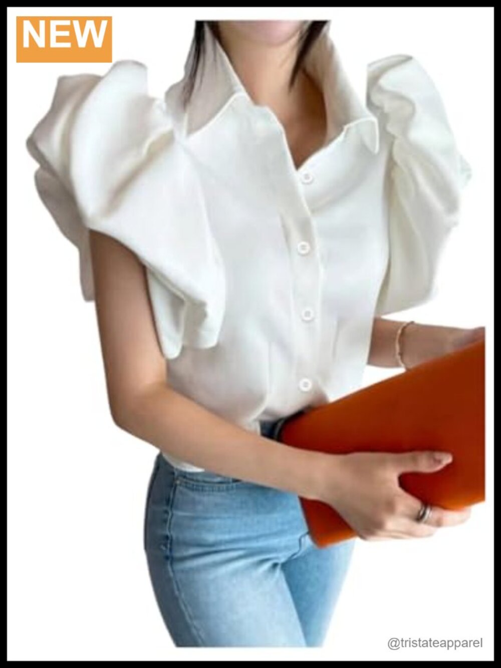 Women's Short Puff Sleeve Button Down Blouse Collared Top Polyester Blend